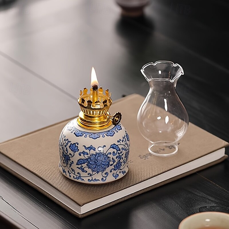 una lampada a combustibile da campeggio regolabile per esterni, una lampada a olio per uso domestico, una lampada a olio floreale in ceramica blu e bianca per interni, una lampada a cherosene con del 2025 a $68.99 –P2