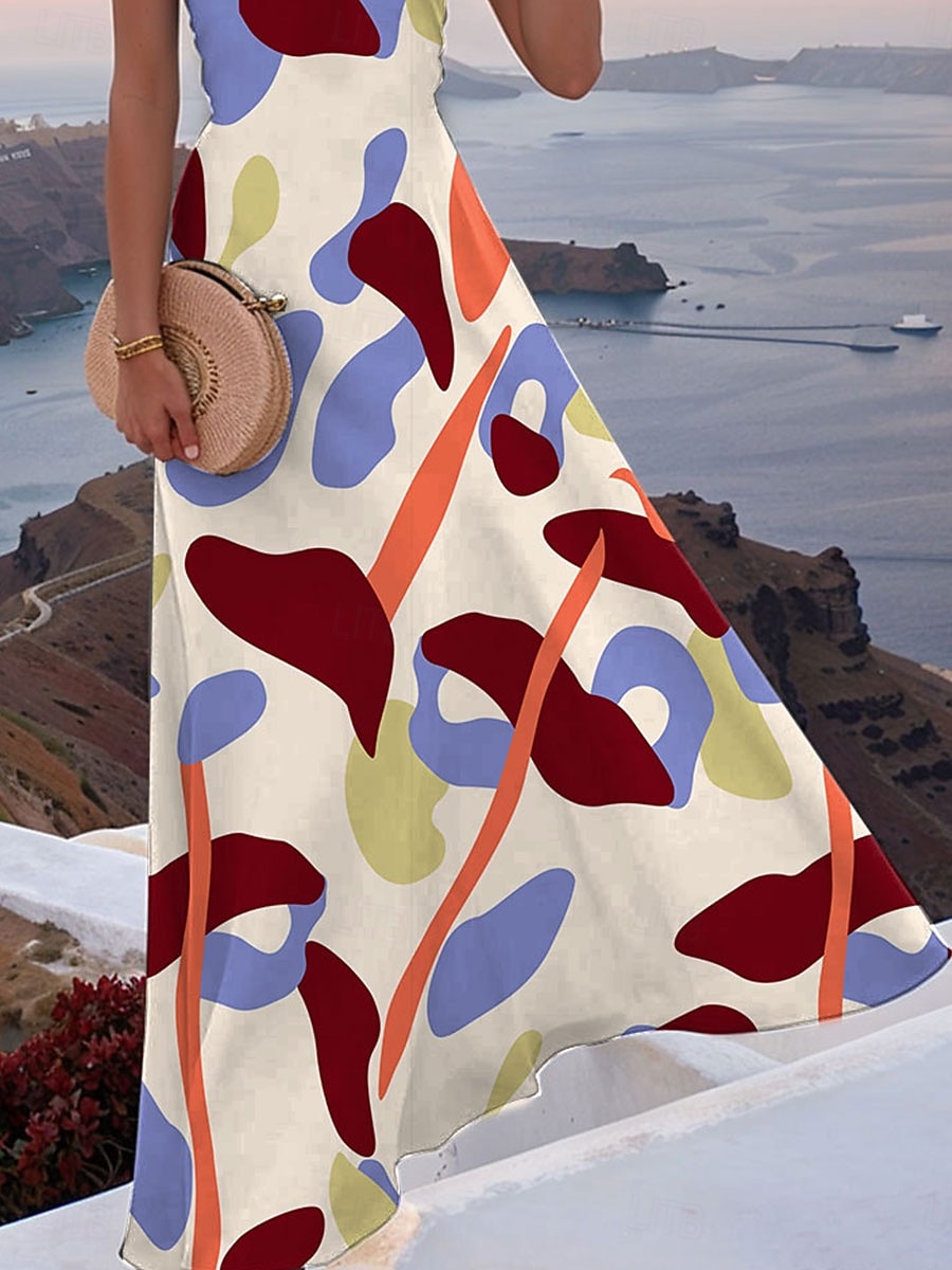 Per donna Abito maxi Abito a trapezio Abito a spalle scoperte Vacanza Casual Spiaggia Feste Uscire Spiaggia Vestibilità regolare Grafico Geometrico Senza Maniche Collo quadrato Beige Estate Primavera del 2025 a $27.99 –P3