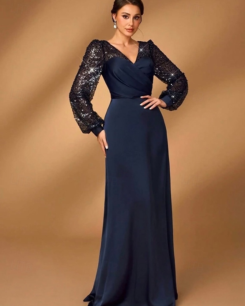 A-Line Mother of the Bride Dress Elegant Simple Minimalist V Neck Floor Length Satin Sequined Long Sleeve with Pleats 2025 - $145.99 –P3