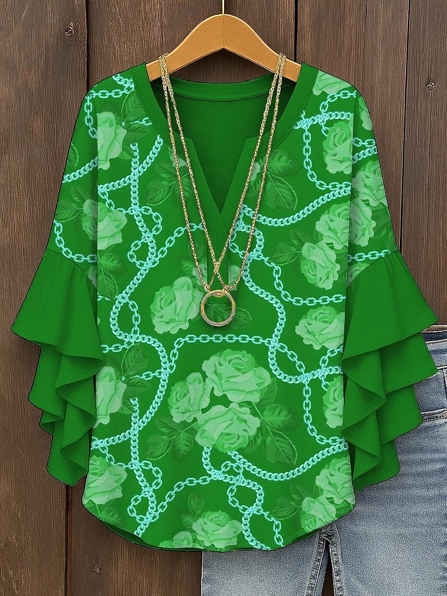 Dame Bluse Blomstret Grafisk Elegant Daglig Fritid 3/4 ermer V-hals Vanlige topper Daglig Ferie Trykt mønster Gul Rød Blå Lilla Grønn Sommer Vår Høst 2025 - $29.99 –P6