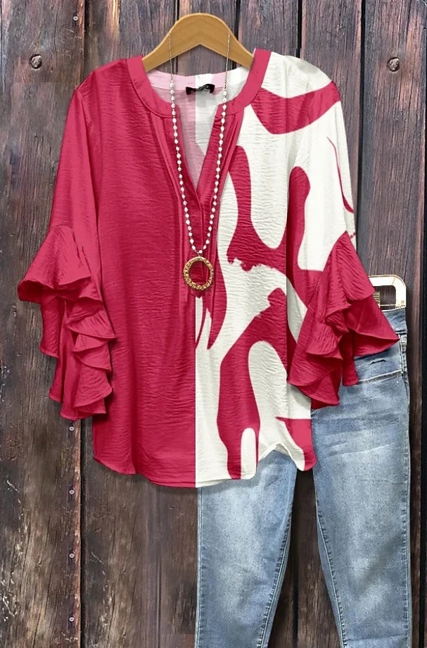Per donna Blusa Floreale Grafico Geometrico Bohemien Vintage Quotidiano Manica 3/4 Manica a Volant Scollo a V Top Regolari Quotidiano Ferie Abbigliamento da vacanza Volant Stampato Nero Rosa Blu del 2025 a $29.99 –P3