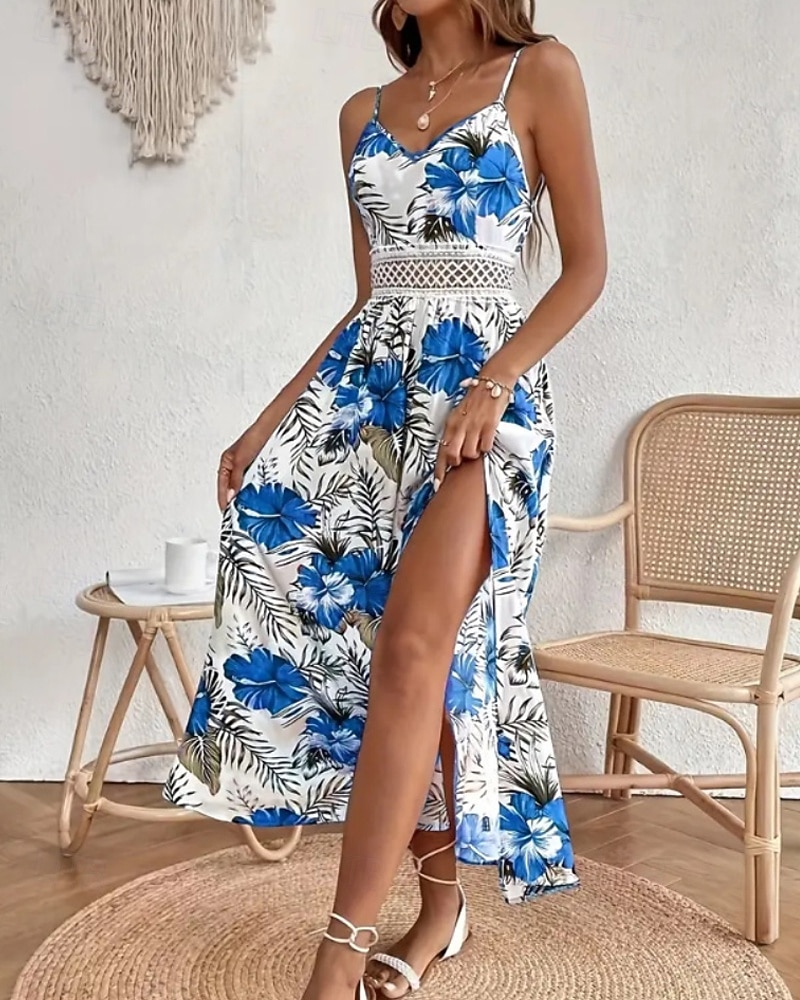 Dámské Midi šaty Květinové šaty Letní šaty Slip Dress Šaty s potiskem Módní Klasické Moderní Dovolená Denní Jdeme ven Běžný Květiny Bez rukávů Popruhy Rubínově červená Vodní modrá Trávová zelená Léto 2025 - $24.99 –P13