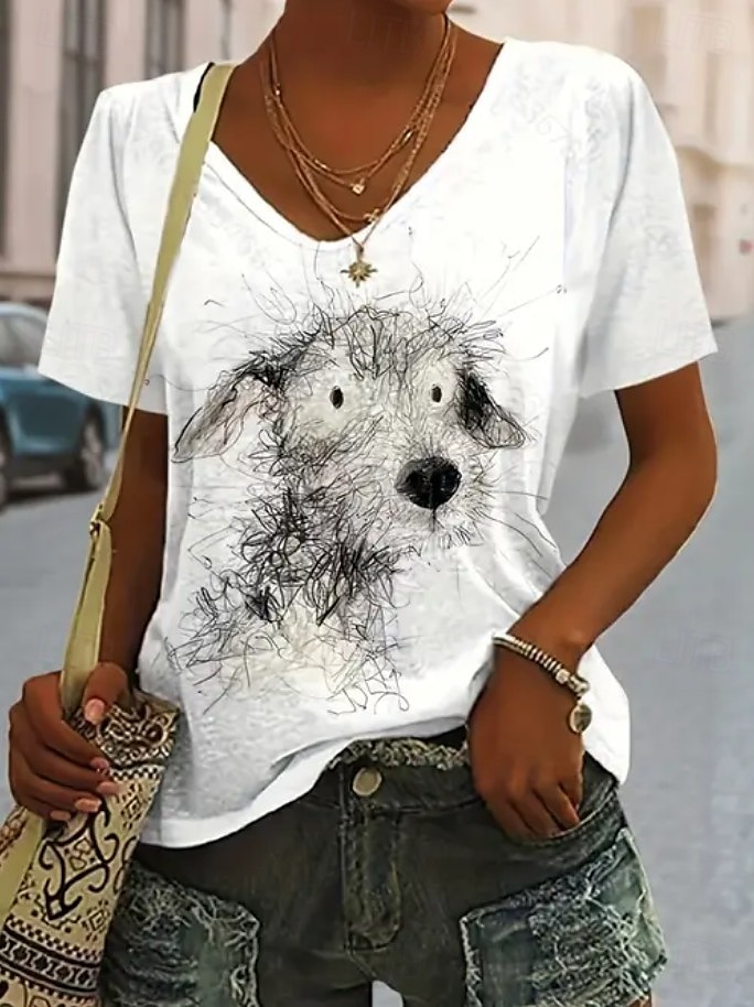 Femmes T-shirt Graphique Animal Chien ancien Élégant Classique Manche Courte Col en V Hauts Réguliers Quotidien Sortir Week-end Imprimé Blanche Jaune Blanc Ecru Été Printemps de 2025 ? $19.99 –P3
