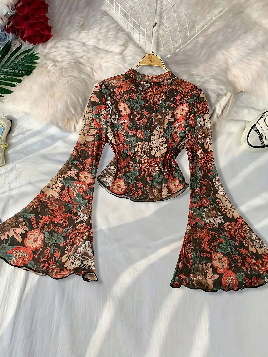 Retro Vintage 1970er Groovy Bauchfreies Top Glockenärmel Disco Netz Blumen Damen Halloween Karneval Musikfestival Retro-Mottoparty Erwachsene Oberteil 2025 - $22.99 –P2