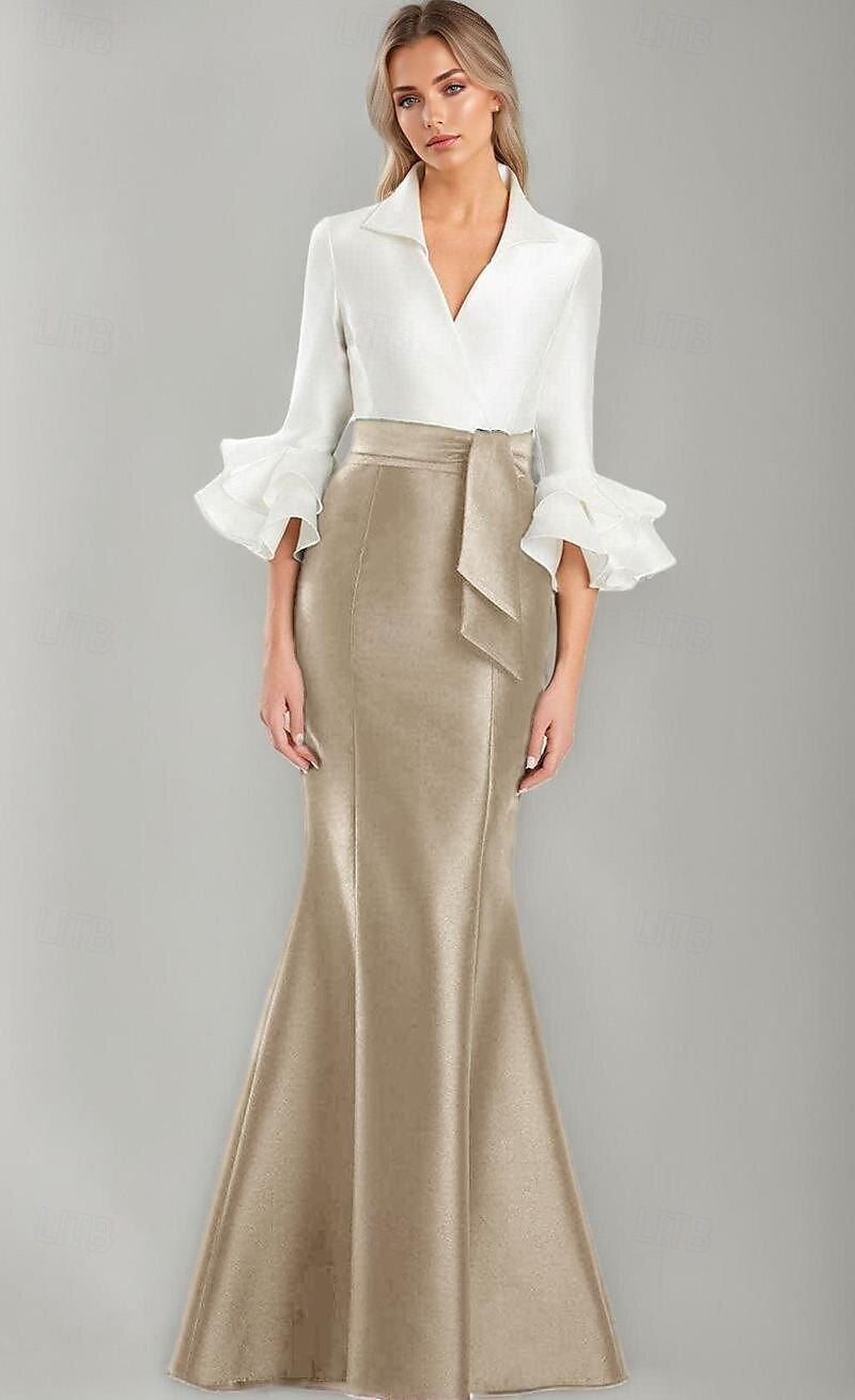 schwarz-weißes Abendkleid Meerjungfrau/Trompete Abendkleid elegantes Kleid formelle Hochzeit bodenlang Halbarm Hemdkragen Stretch-Satin mit Rüschen 2025 2025 - $139.99 –P11