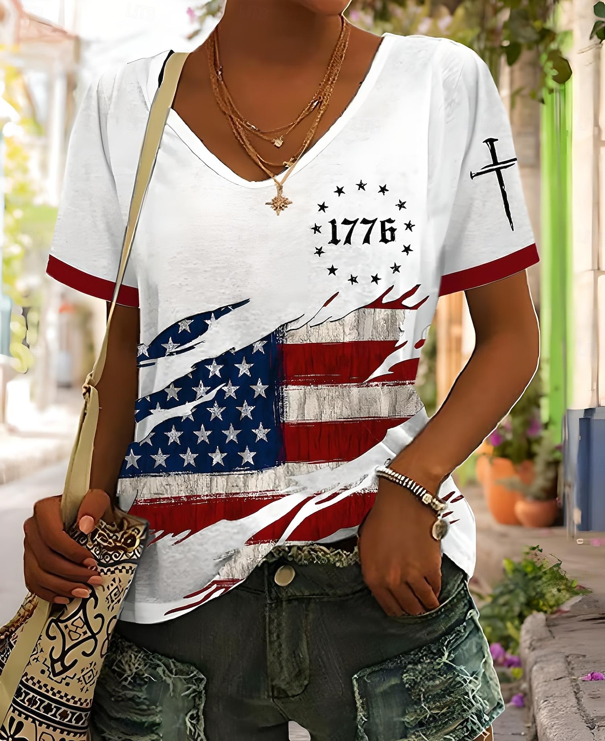 Női Hazafias T Shirt Grafikai Amerikai Zászló Vintage Stílusos Klasszikus Rövid Ujjú V Nyakú Normál Felsők Mindennapi Hétvégi Nyomtatás Kék Nyár Tavasz 2025 - $19.99 –P3