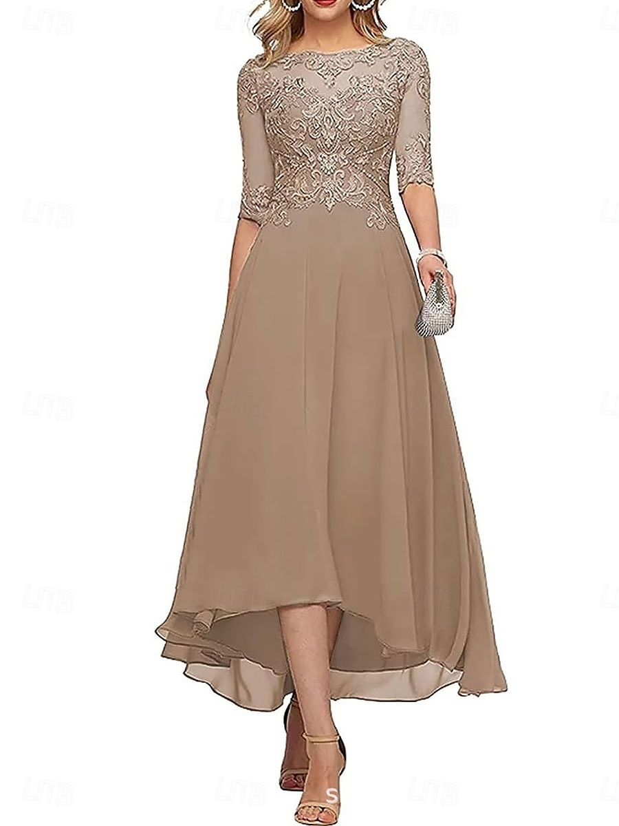 A-Line Mother of the Bride Dress Elegant Crew Neck Floor Length Chiffon Half Sleeve with Solid Color 2025 2025 - $119.99 –P1