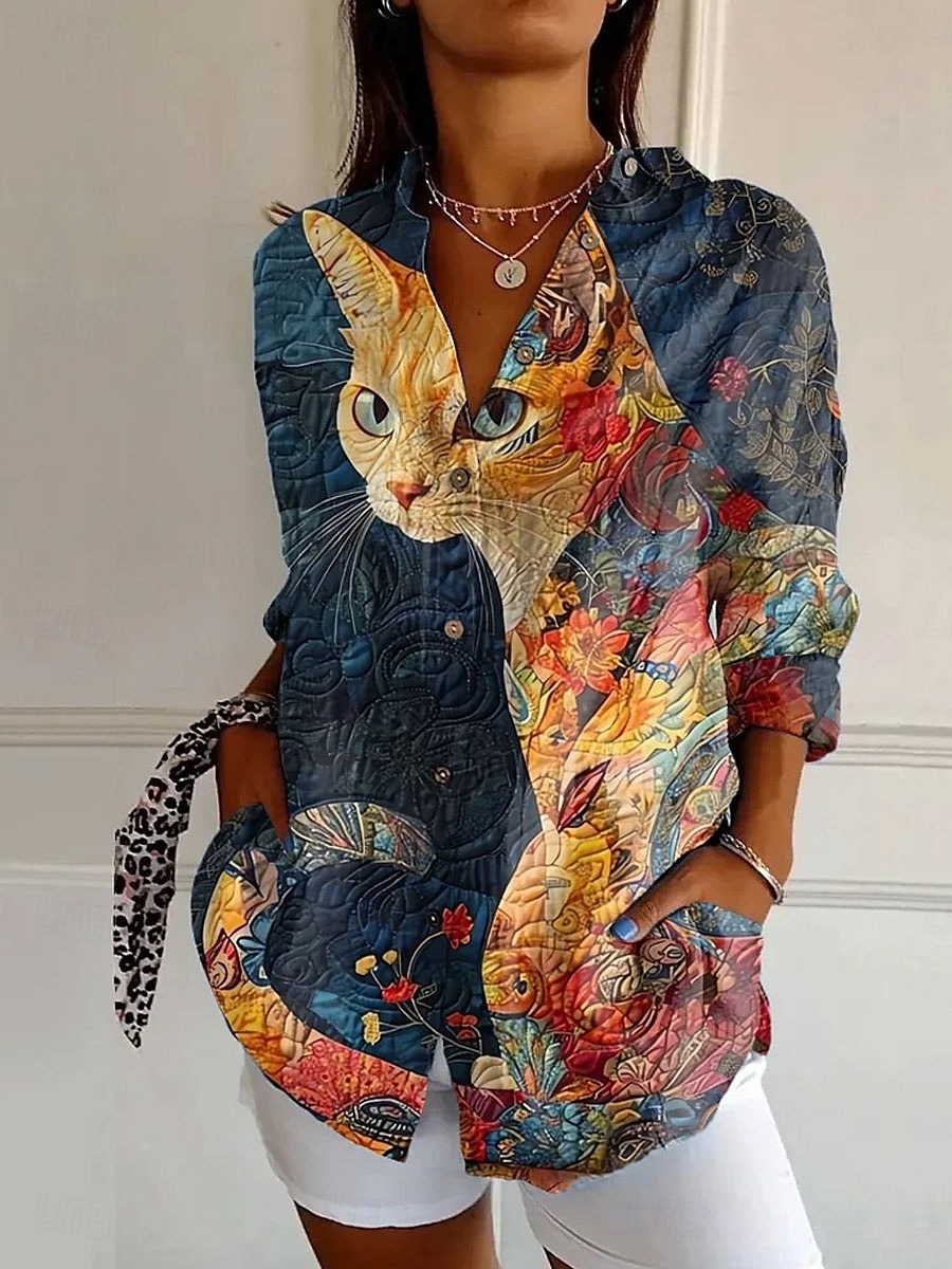 Dames Overhemd Grafisch dier Dagelijks Stijlvol Casual Lange mouw Overhemdkraag Normale tops Dagelijks Feestdagen Knop Afdrukken Blozend Roze blauw Groen Khaki Lente Herfst 2025 - $32.99 –P1