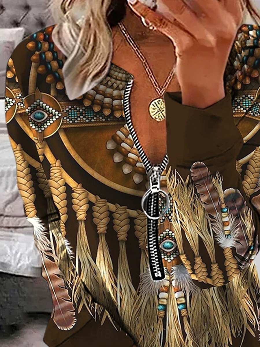 Svetr s čtvrtovým zipem pro ženy tribal ležérní dlouhý rukáv kulatý výstřih běžné kusy každodenní nošení potisk hnědý podzim zima 2025 - $27.99 –P2