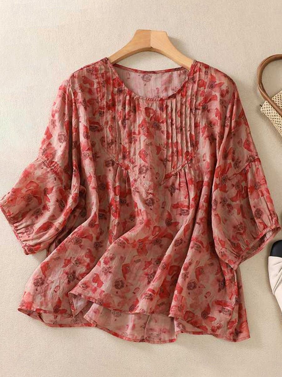 Femmes Chemises en coton et lin Fleuri Occasionnel Manche 3/4 Col ras du cou Hauts Réguliers Quotidien Imprimé Noir Rouge Violet Vert Été de 2025 ? $26.99 –P2