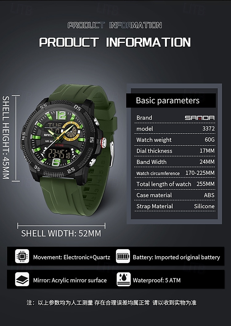 SANDA 3372 Dual Display Men's Watch Chronograph Alarm Clock Sport Multi functional Waterproof LED Electronic Watches 2025 - $26.99 –P7