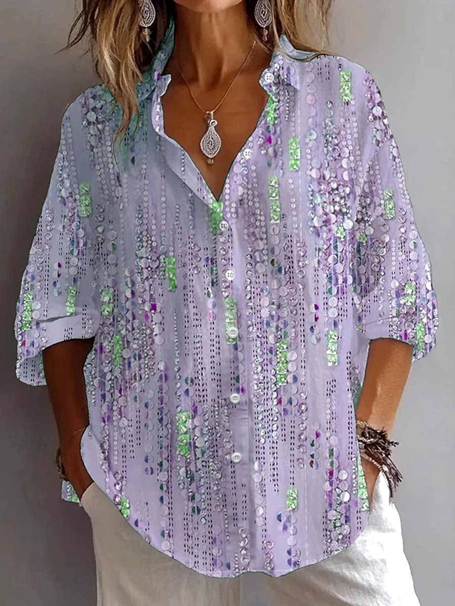 Dame Skjorte Bluse Grafisk Abstrakt Bohem Daglig Stilfull Langermet Skjortekrage Vanlige topper Daglig Ferie Ut på byen Knapper Lysegrønn Rosa Lys Lilla Lyseblå Sommer Vår 2025 - $32.99 –P3