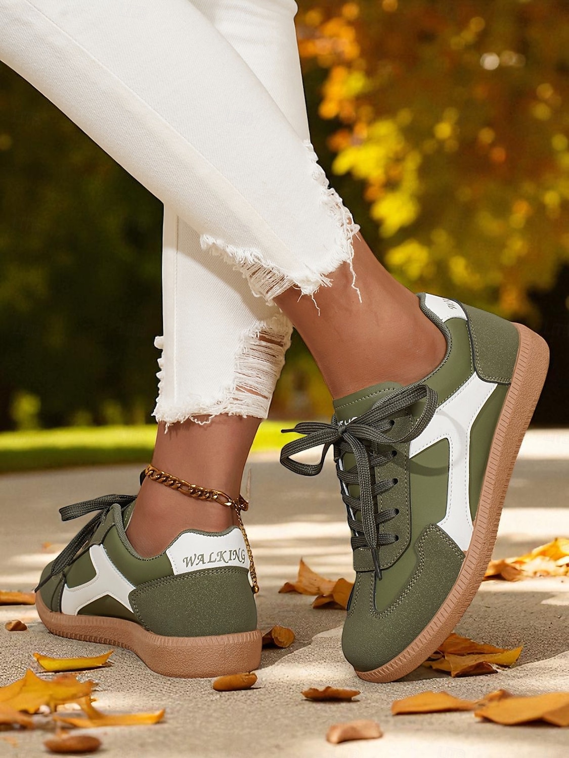 Sneakers da donna verdi con lacci: scarpe casual ispirate al retrò con dettagli a contrasto bianchi per passeggiate, scuola e commissioni quotidiane del 2025 a $24.99 –P5
