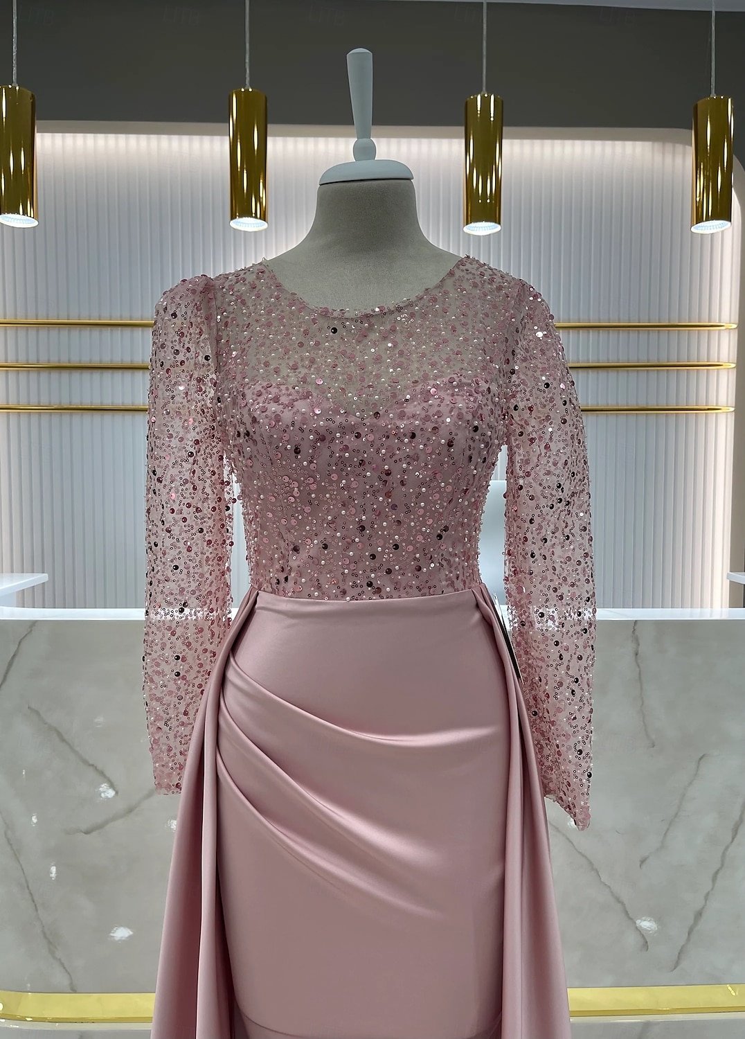 Meerjungfrauenschnitt Abendkleid Elegant Kleid Karneval Formell Bodenlang Langarm Illusionsausschnitt Abnehmbar Satin mit Perlen Überrock 2025 2025 - $159.99 –P3