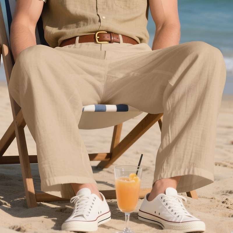 Men's Linen Pants Trousers Summer Pants Beach Pants Pocket Straight Leg Plain Comfort Breathable Vacation Daily Holiday Hawaiian Boho Black White 2025 - $25.99 –P2