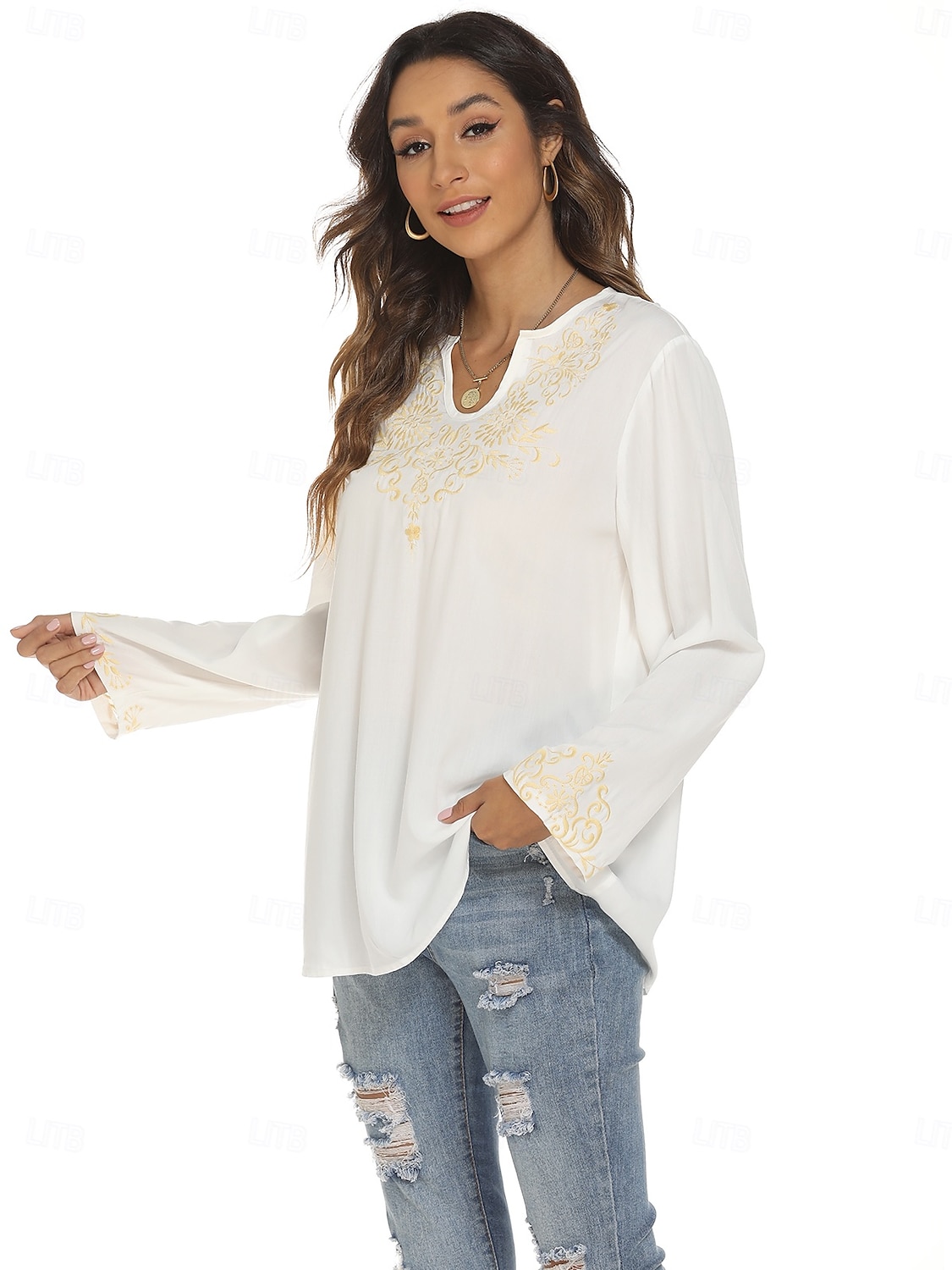 Damen Boho-Hemd Einfach Bohemien Lässig Langarm Glockenärmel U-Ausschnitt Normale Oberteile Arbeit Täglich Ausgehen Bestickt Weiß Sommer Frühling Herbst 2025 - $28.99 –P4