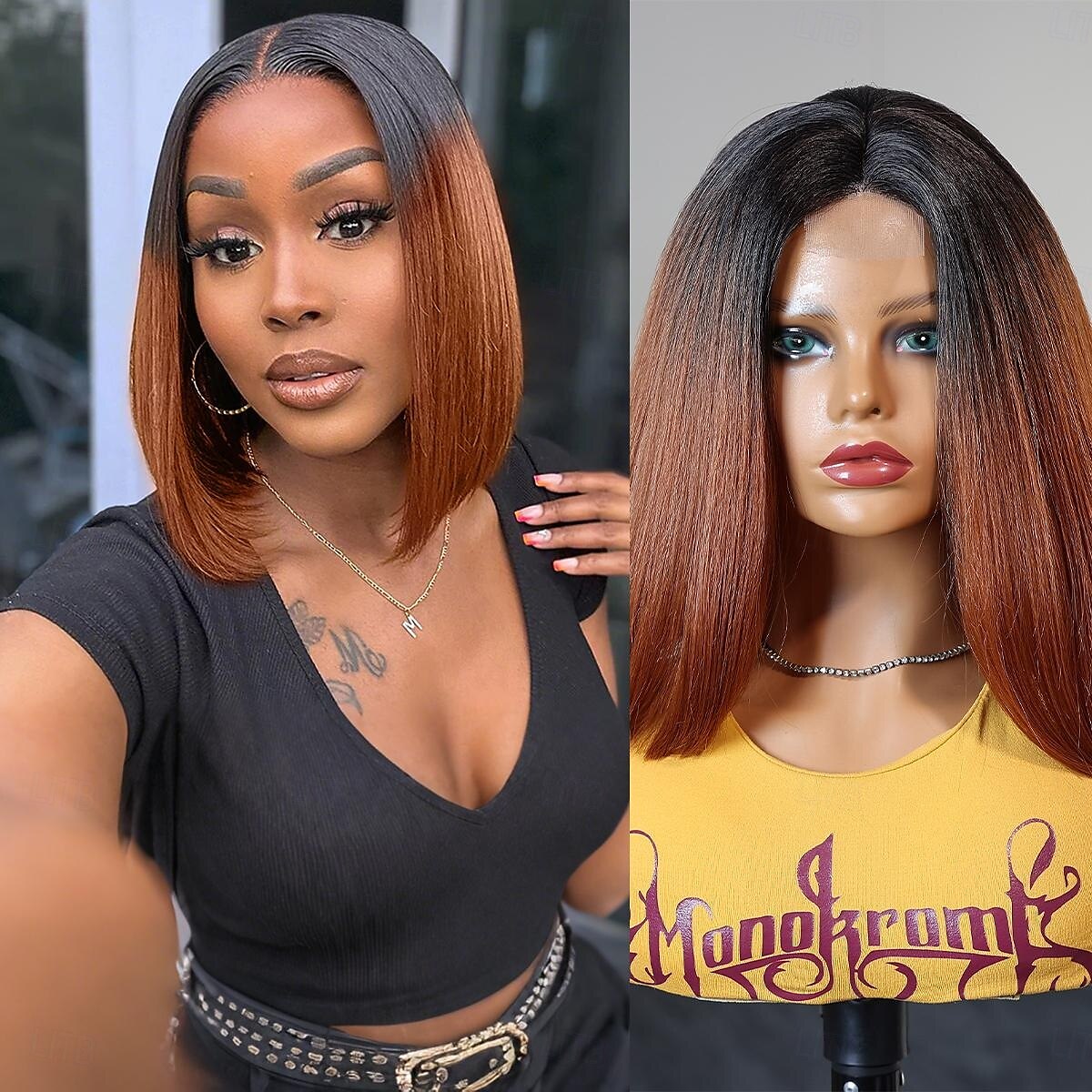 Perruque en dentelle synthétique Lisse Style 12 pouce Marron Raie au milieu partie U Perruque Femmes Perruque Noir Marron de 2025 ? $39.99 –P1