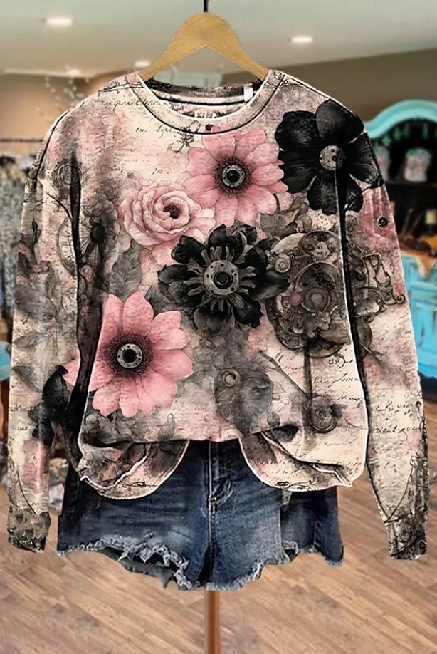 Mulheres Moletom Imprimir Floral Gráfico Quente Ativo Vintage Manga Longa Gola Redonda Tops regulares Casual Rua Dia a Dia Azul Preto Rosa Verde Primavera Outono Inverno de 2026 por $28.99 –P2