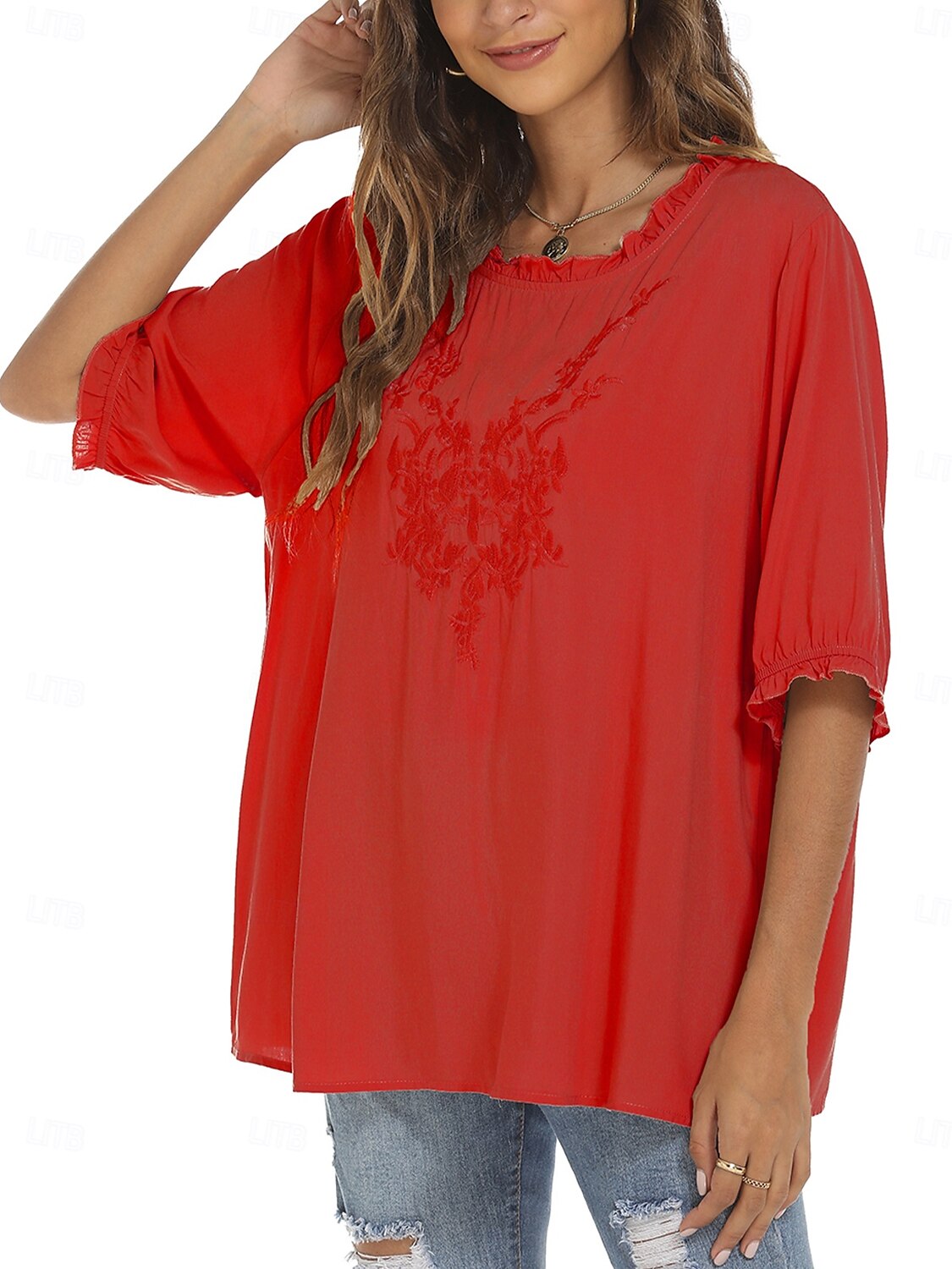 Damen Hemd Einfarbig Blumen Lässig Boho Dreiviertelarm Ellbogenärmel Rundhalsausschnitt Normale Oberteile Täglich Ausgehen Rüsche Bestickt Schwarz Weiß Rote Khaki Sommer 2025 - $24.99 –P11