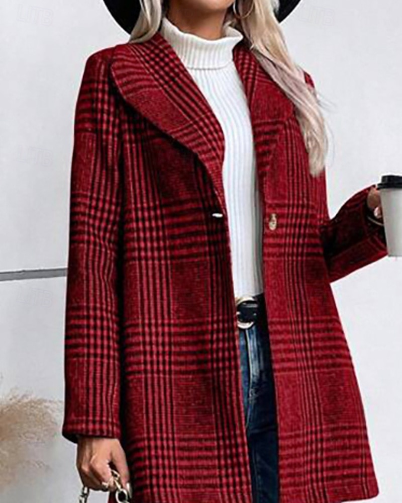 Women's Coat Warm Comfortable Buttons Casual Plaid Outdoor Holiday Single Breasted Regular Turndown Regular Fit Long Sleeve Outerwear Red Camel Gray Fall Winter 2025 - $34.99 –P6