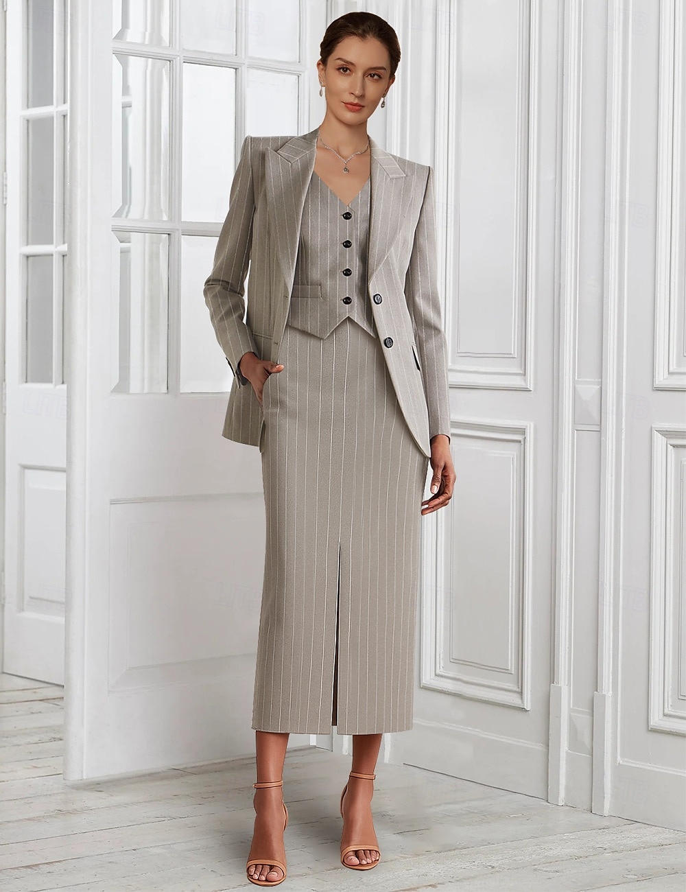 Set rochie cu sacou 3 piese A-line pentru mama miresei business casual clasic cu rever ascuțit lungime de podea țesătură elastică mânecă lungă cu buzunare și slit 2025 - $175.99 –P4