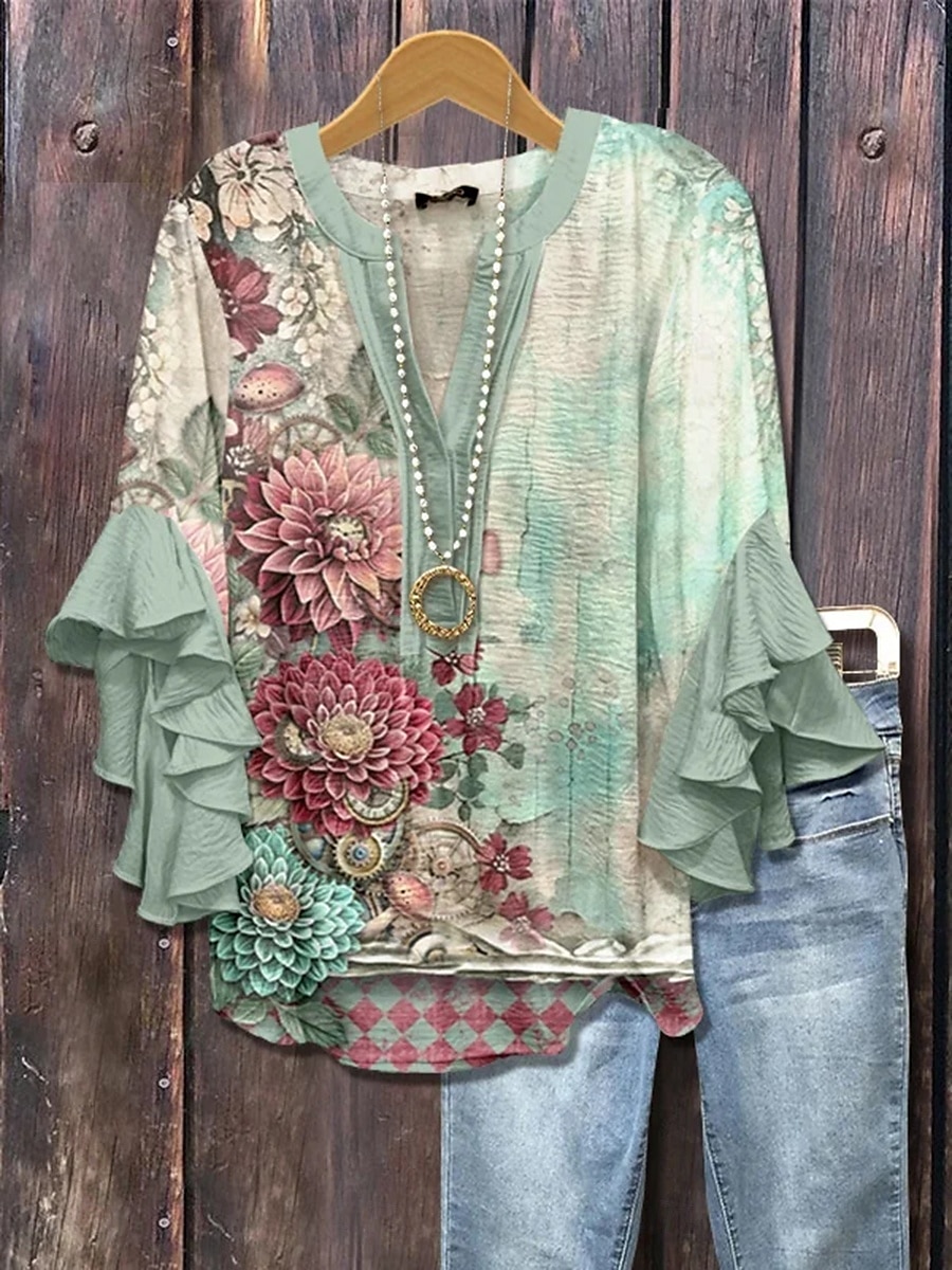 Women's Shirt Ruffle Print Floral Stylish Modern 3/4 Length Sleeve V Neck Regular Tops Daily Holiday Blue Light Green Pink Green Summer 2026 - $25.99 –P1