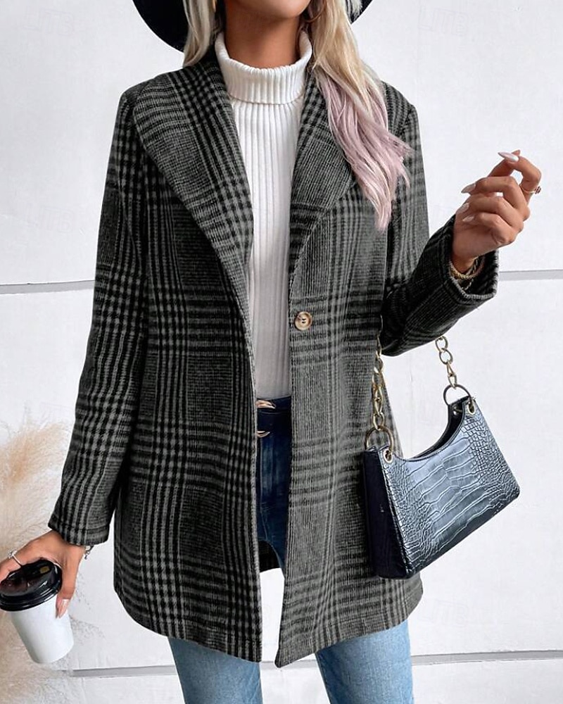 Women's Coat Warm Comfortable Buttons Casual Plaid Outdoor Holiday Single Breasted Regular Turndown Regular Fit Long Sleeve Outerwear Red Camel Gray Fall Winter 2025 - $34.99 –P3