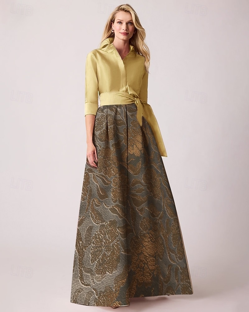 Jacquard Brocade Floral A-Line Cocktail Dresses Elegant Dress Formal Wedding Floor Length Long Sleeve Shirt Collar Detachable Nylon 2025 - $149.99 –P4