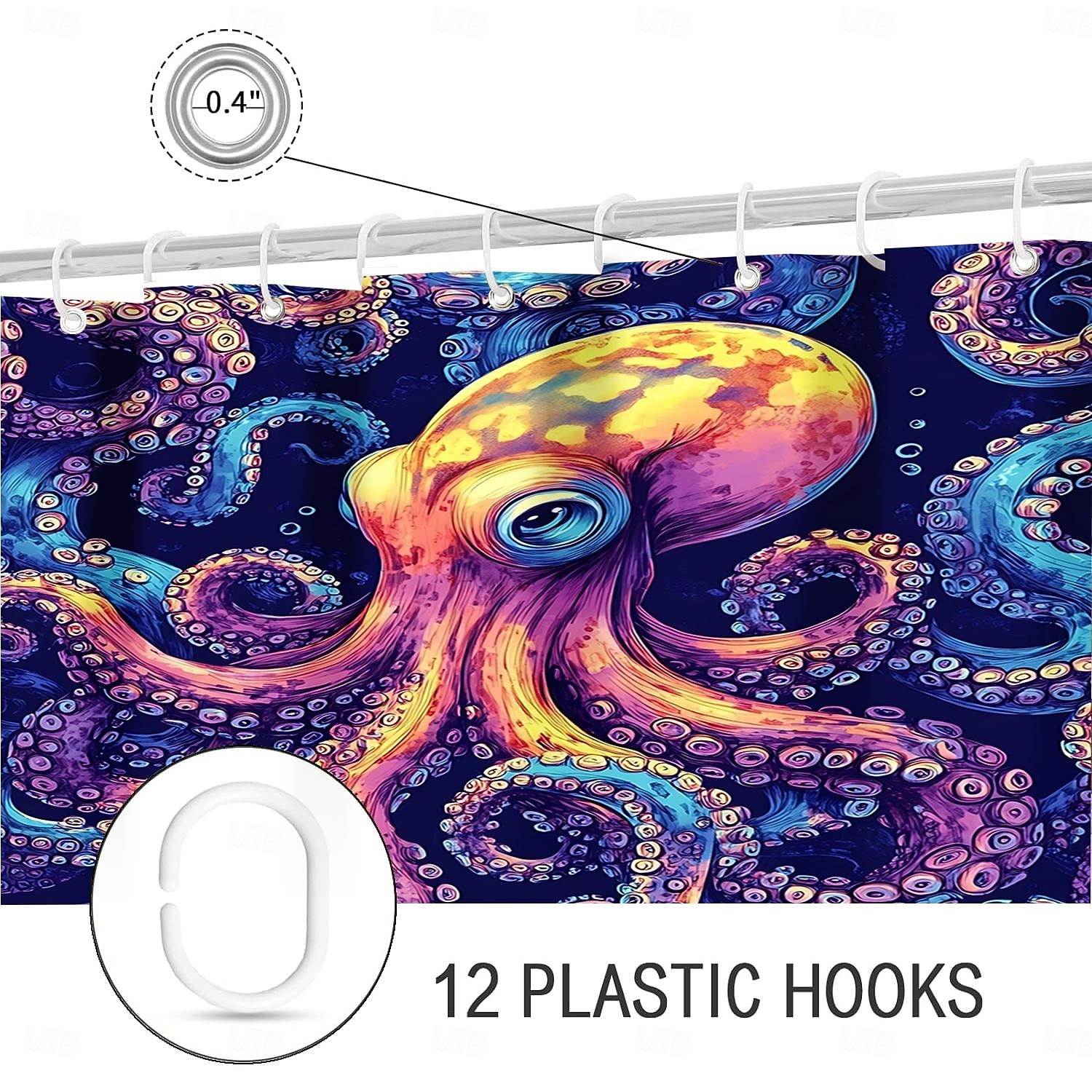 Perdea de duș cu animale oceanice, broaște țestoase, cu cârlige pentru baie, set de decor pentru baie, poliester, impermeabil, pachet de 12 cârlige din plastic 2026 - $22.99 –P8