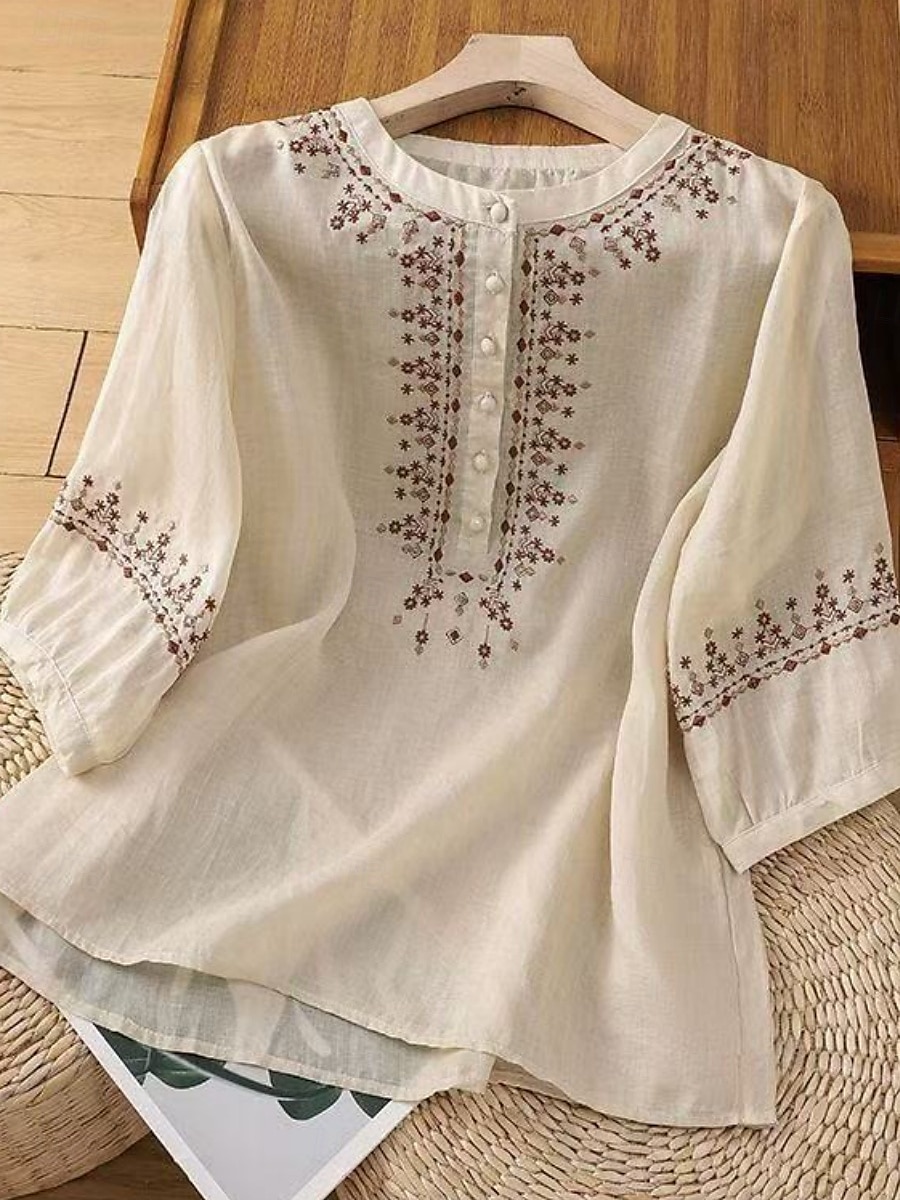Dame Skjorter i bomullslin Helfarge Grunnleggende Fritid 3/4 ermer Crew-hals Vanlige topper Daglig Broderi Knapper Rosa Blå Aprikos Sommer 2025 - $17.99 –P2