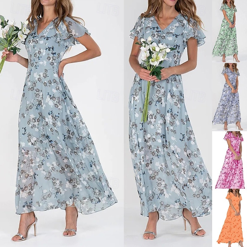 Damen Midikleid Cocktailkleid Chiffonkleid Blumenkleid Druckkleid Mode Modern Outdoor Urlaub Teegesellschaft Normale Passform Blume Kurzarm V Ausschnitt Blau Grün Leicht Blau Sommer 2026 - $26.99 –P1