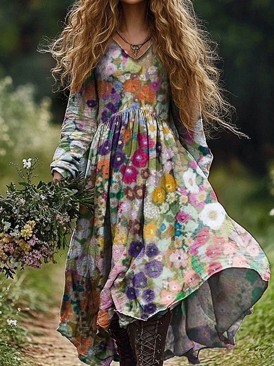 Per donna Abito maxi Abito a trapezio Vacanza Casual Boho Uscire Spiaggia Vestibilità comoda Floreale Grafico Geometrico Manica Lunga Scollo a V Rosa Blu Arancione Verde Primavera Autunno del 2025 a $35.99 –P2