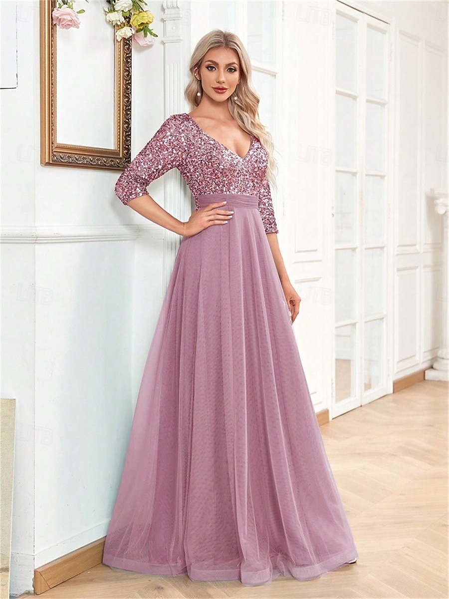 A-linjainen Quinceanera-Mekot Elegantti Mekko Virallinen Häät Lattiapituus Puolihihainen V-kaula-aukko Tylli Strassilla 2025 - $99.99 –P13