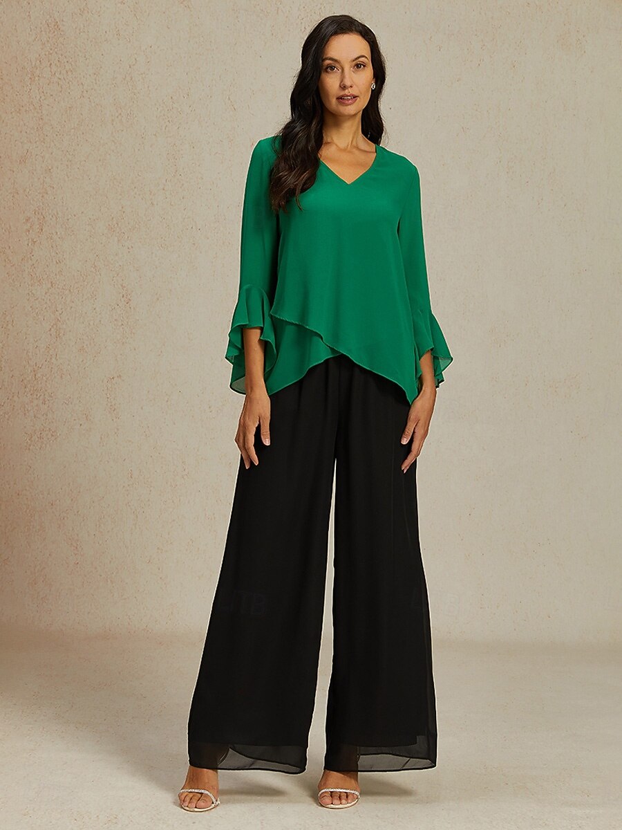 Per donna Blusa Top in chiffon Tinta unica Elegante Manica 3/4 Manica a Balze Scollo