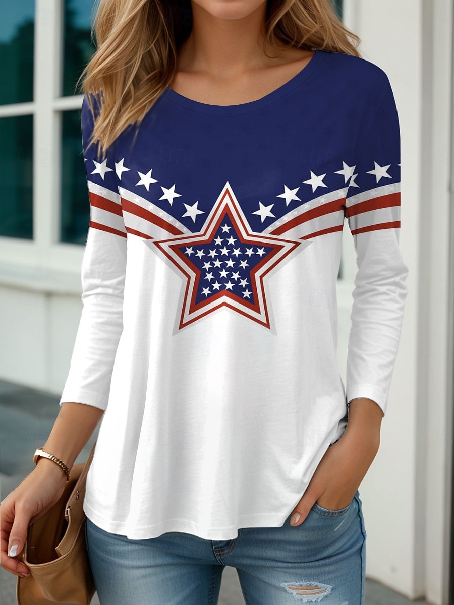 T-shirt patriotique pour la Journée de l'Indépendance pour femmes graphique du drapeau vintage élégant classique encolure ronde tops réguliers quotidiens impression bleu violet vert automne de 2026 ? $24.99 –P1