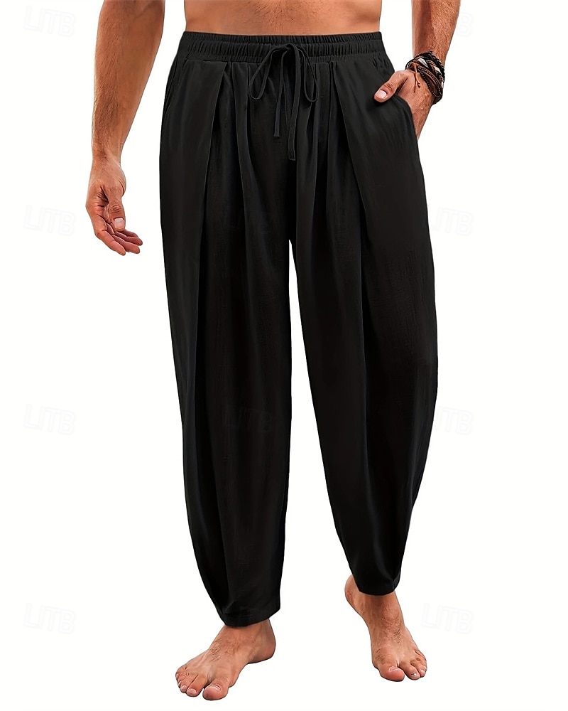 Men's Linen Pants Summer Pants Beach Pants Harem Pants Pocket Elastic Waist Drawstring Plain Comfort Breathable Calf-Length Vacation Daily Holiday Hawaiian Boho Black White 2025 - $18.99 –P11