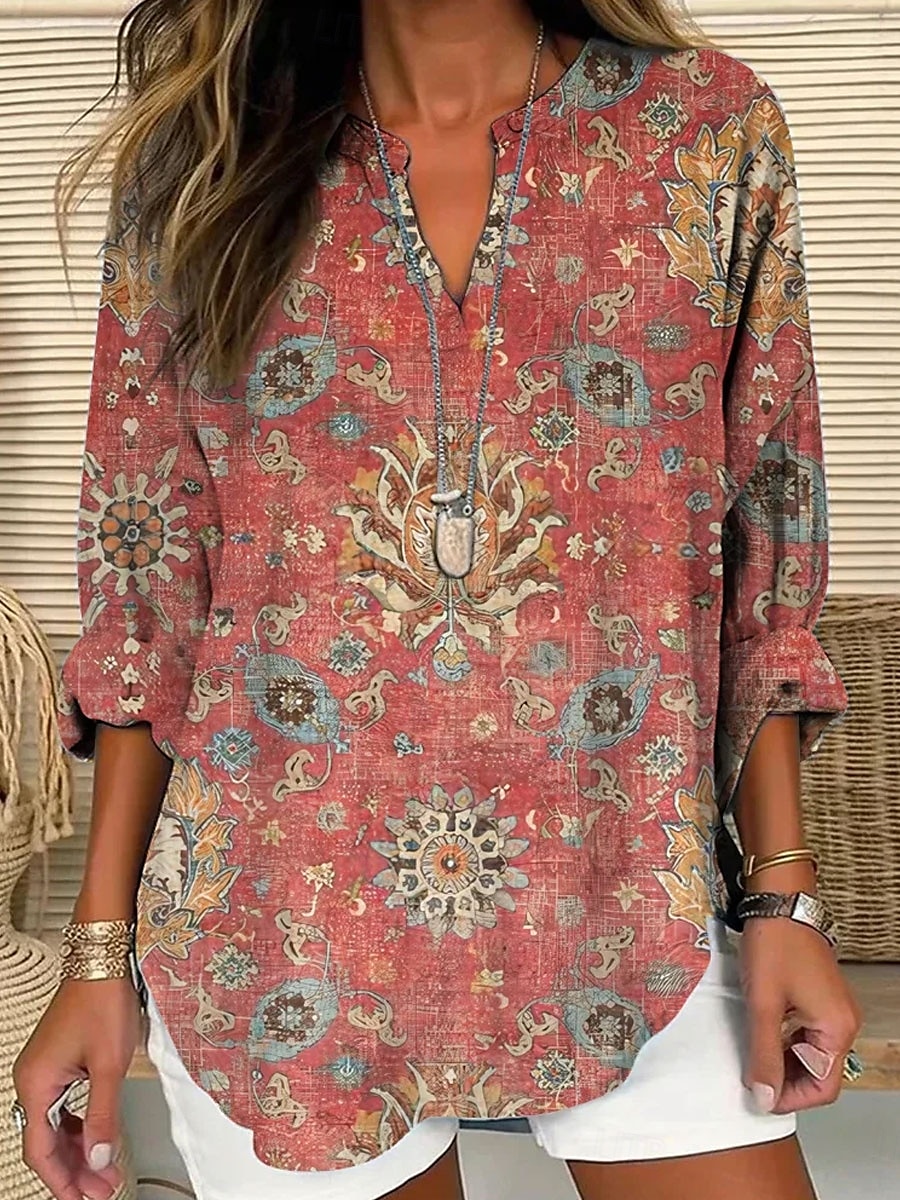 Dame Bluse Blomstret Grafisk Elegant Stilfull Langermet V-hals Vanlige topper Daglig Ferie Trykt mønster Svart Rød Blå Grønn Vår Høst 2025 - $24.99 –P2