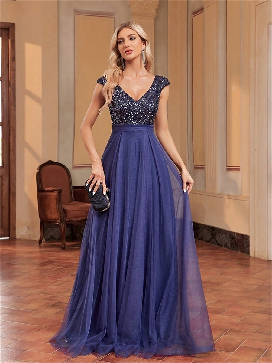 Abiti per Quinceanera A-Line elegante abito formale per matrimonio lunghezza del pavimento senza maniche scollo a V tulle con schiena a V e paillettes del 2025 a $99.99 –P11