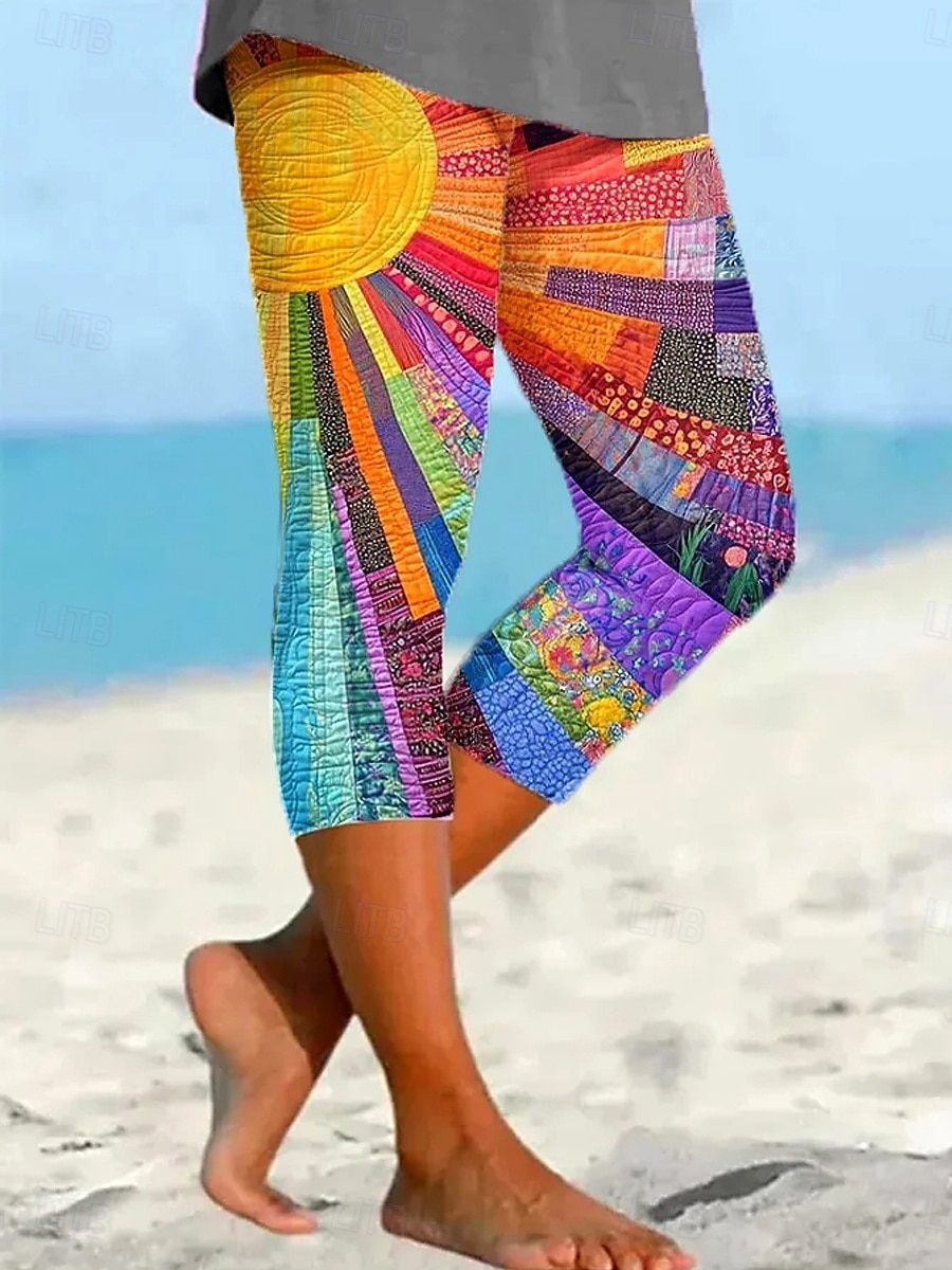 Women's Leggings Capri Pants High Elasticity Vacation Fashion Hawaiian Calf-Length Mid Waist Graphic Patchwork Printing Breathable Soft Vacation Casual Daily Rainbow Summer Spring Regular Fit 2025 - $18.99 –P1