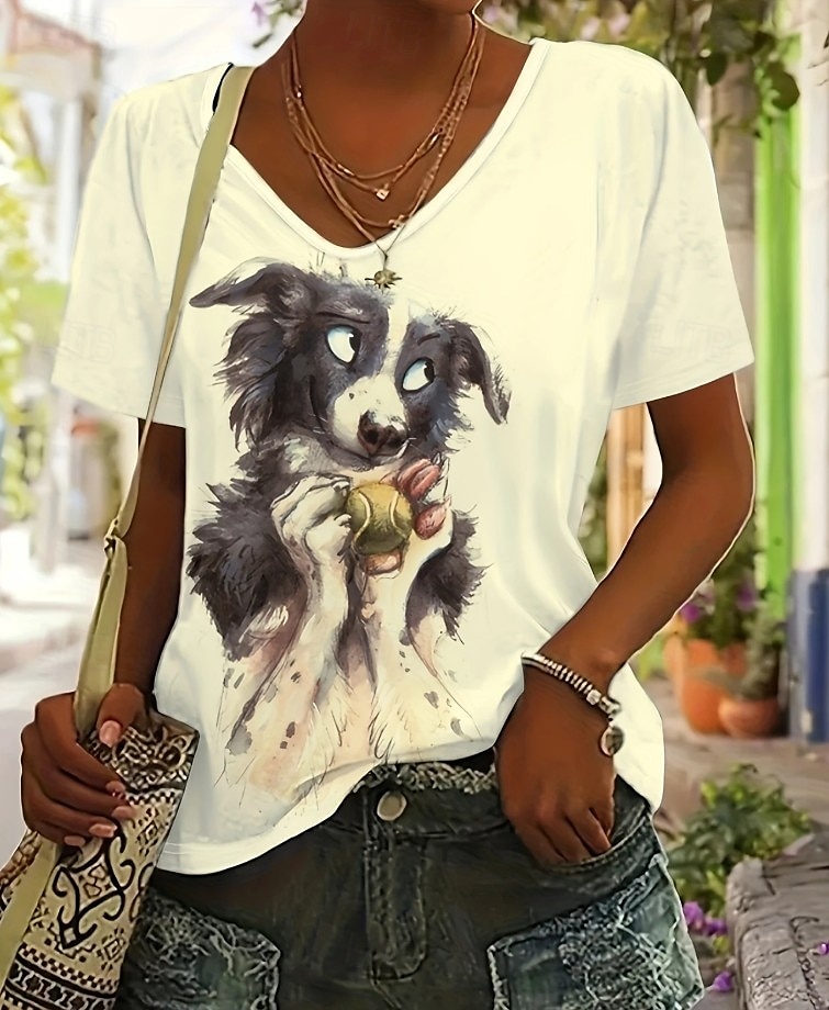 Femmes T-shirt Graphique Animal Chien ancien Élégant Classique Manche Courte Col en V Hauts Réguliers Quotidien Sortir Week-end Imprimé Blanche Jaune Blanc Ecru Été Printemps de 2025 ? $19.99 –P2