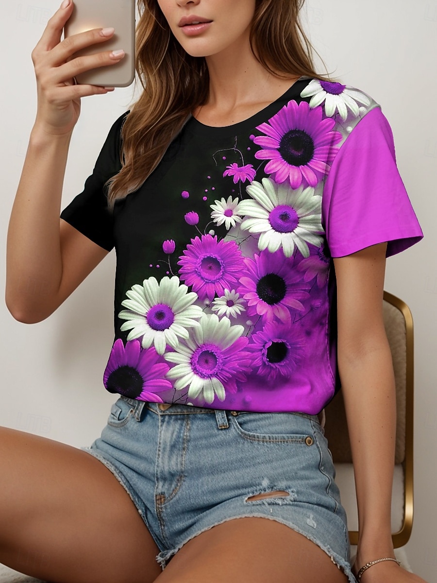 Femmes T-shirt Fleuri Graphique Plantes ancien Élégant Classique Manche Courte Col ras du cou Col rond Hauts Réguliers Quotidien Imprimé Noir et blanc Jaune Bleu Violet Fuchsia Été Printemps de 2025 ? $21.99 –P9
