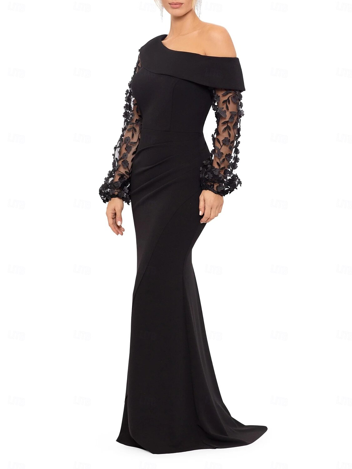Sirène / Trompette Robe de Soirée Élégant Robe Formel Mariage Longueur au sol manche longue Une Épaule Détachable Crêpe Extensible avec Perlage 2025 de 2025 ? $147.99 –P1