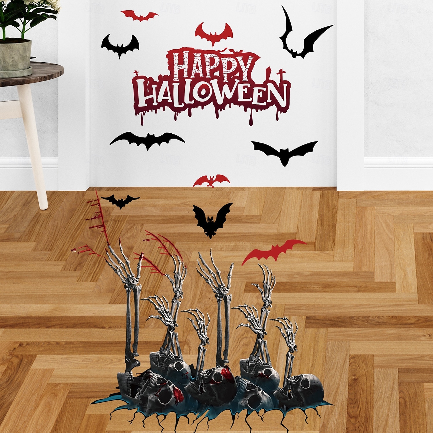 Adesivo da parete di Halloween con design spettrale di mani, teschi e pipistrelli, decorazione murale autoadesiva per soggiorno e feste di Natale del 2025 a $6.49 –P1