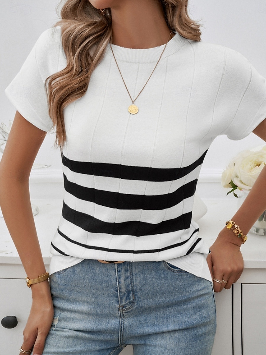 Dame Bluse Stripet Stilfull Fritid Kortermet Crew-hals Vanlige topper Daglig Lapper Svart Hvit Brun Kakifarget Sommer 2025 - $28.99 –P9
