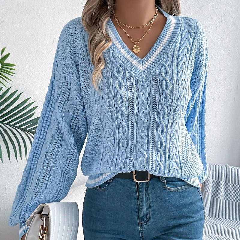 Damen Pullover Lässig Farbblock Gerippt V Ausschnitt Patchwork Gestrickt Langarm Normale Oberteile Stricken Täglich Ferien Ausgehen Weiß Blau Herbst 2025 - $24.99 –P12
