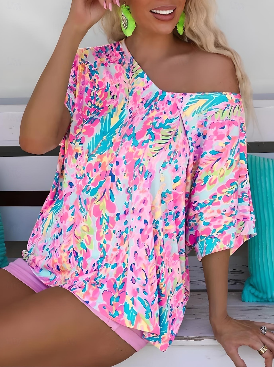 Dame Boho skjorte Blomstret Grafisk Abstrakt Årgang Stilfull Klassisk Kortermet V-hals Vanlige topper Daglig Trykt mønster Rosa Lilla Fuksia Grønn Sommer Vår 2025 - $19.99 –P5