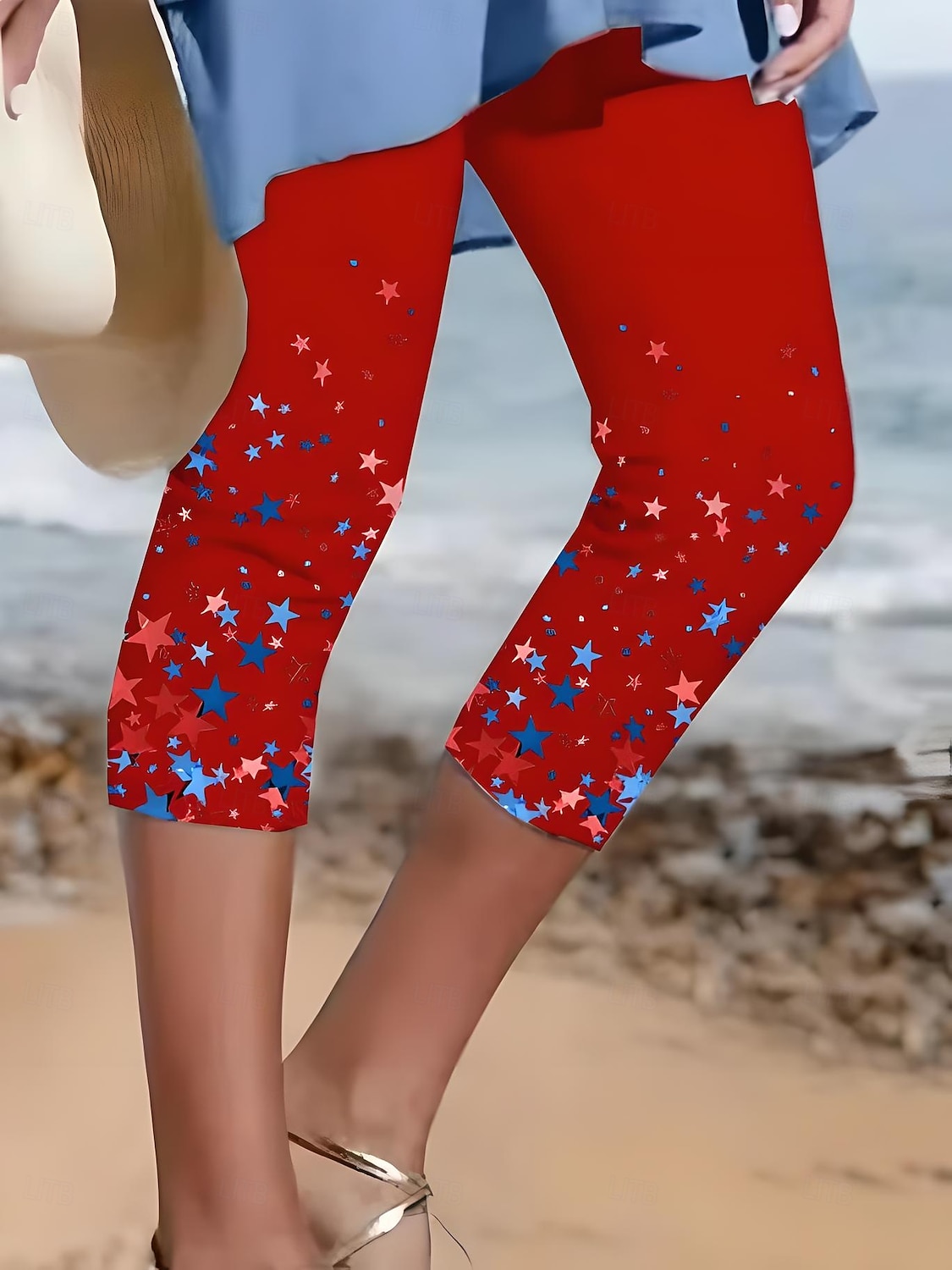 Dámské capri kalhoty legíny dovolená vintage móda do poloviny lýtek vysoký pas kalhoty americká grafika hvězda pruhovaný tisk prodyšný měkký elastický formální venkovní 2025 - $18.99 –P7