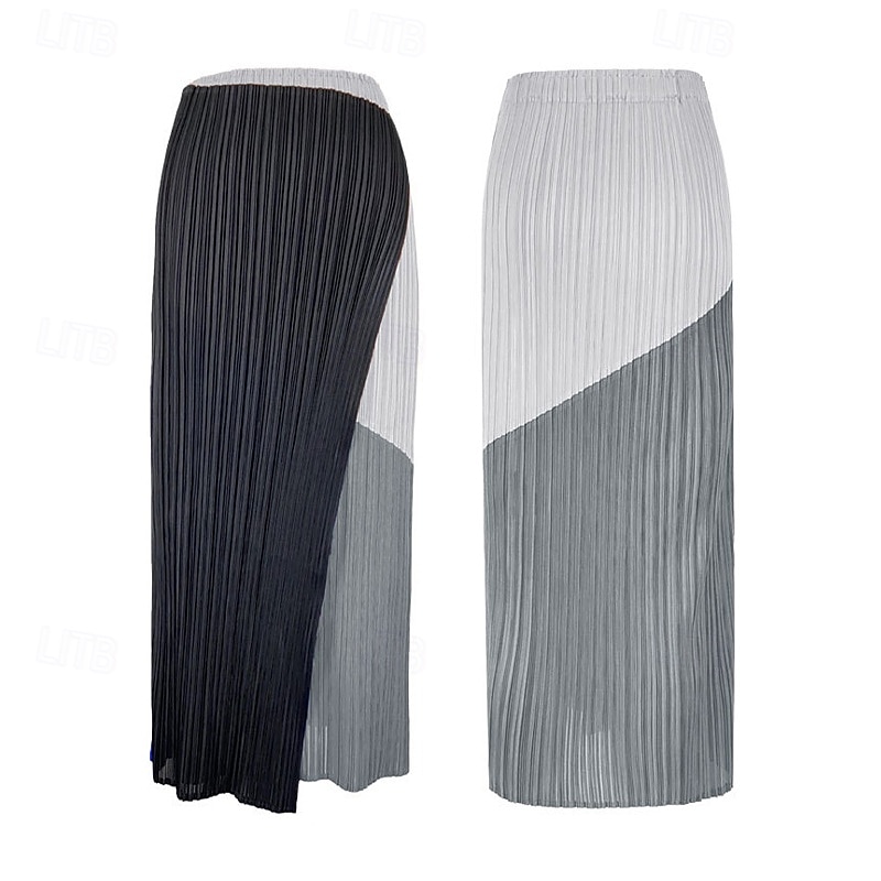 Dam Kjol Elegant Vintage Mode Ledigt Midi Medium Midja Kjolar Färgblock Rynkad Lappverk Asymmetrisk nederkant Elastisk Semester Fest Ljusgrå Sommar Polyester 2025 - $69.99 –P3