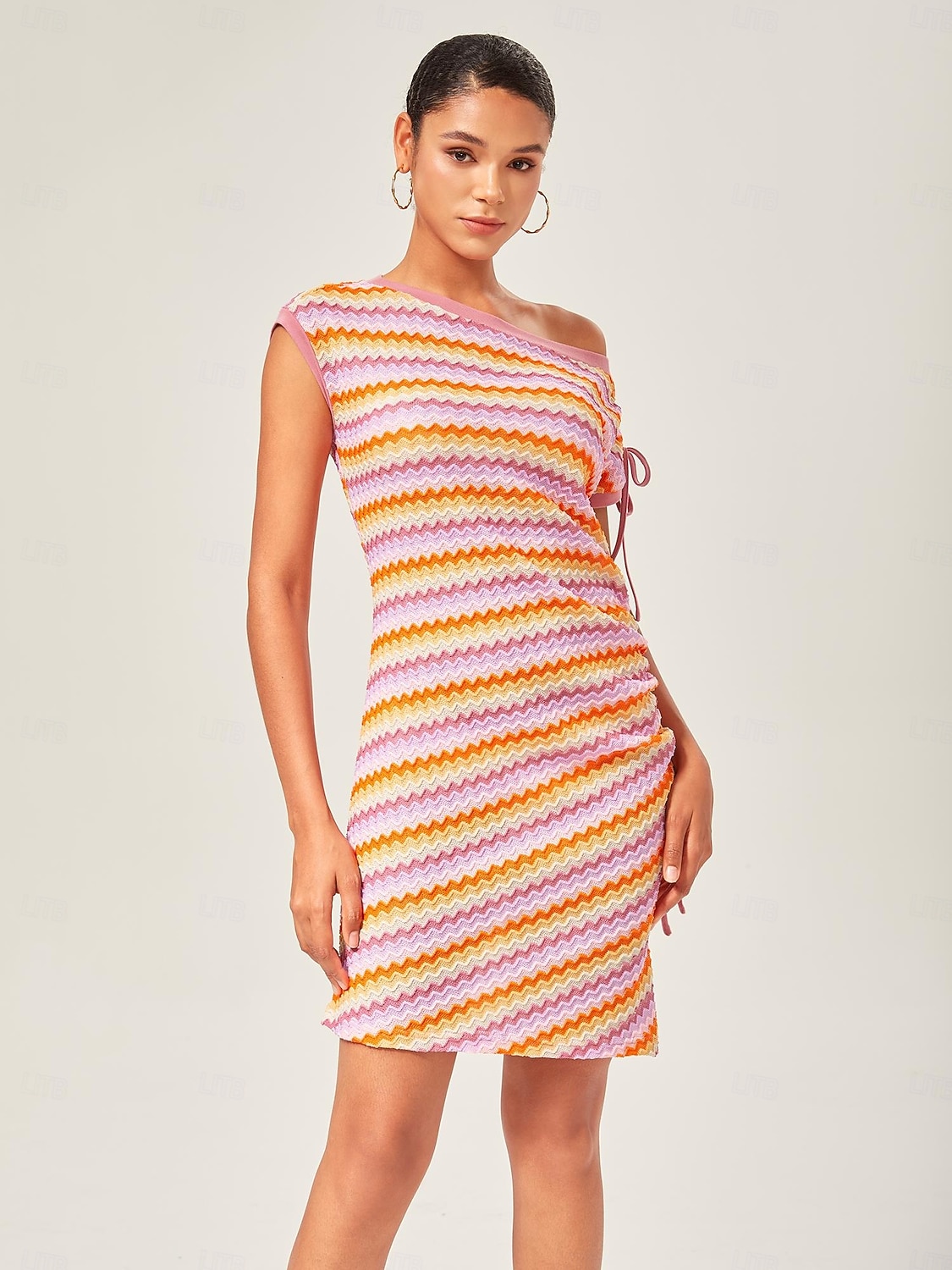 miniabito arancione elasticizzato in maglia arricciata del 2025 a $68.99 –P4