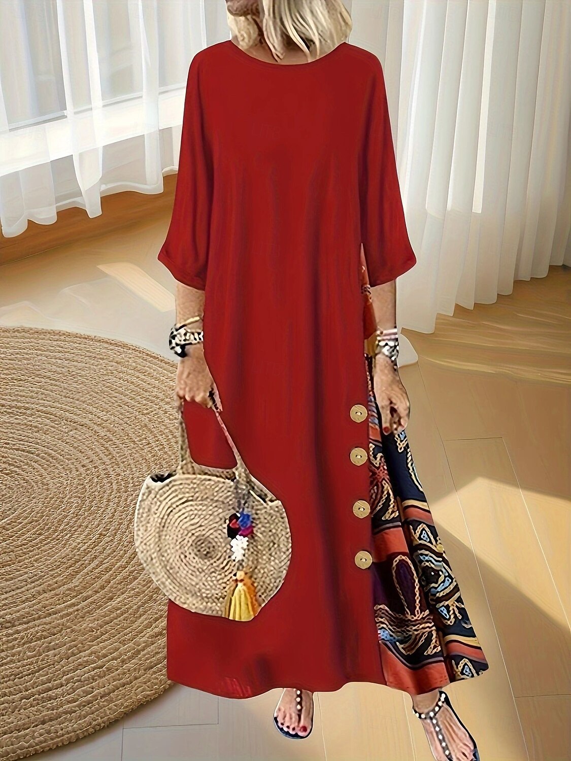 Women's Maxi Dress A Line Dress Summer Dress Casual Daily Regular Fit Floral Graphic 3/4 Length Sleeve Crew Neck Black Red Summer Autumn 2025 - $24.99 –P5